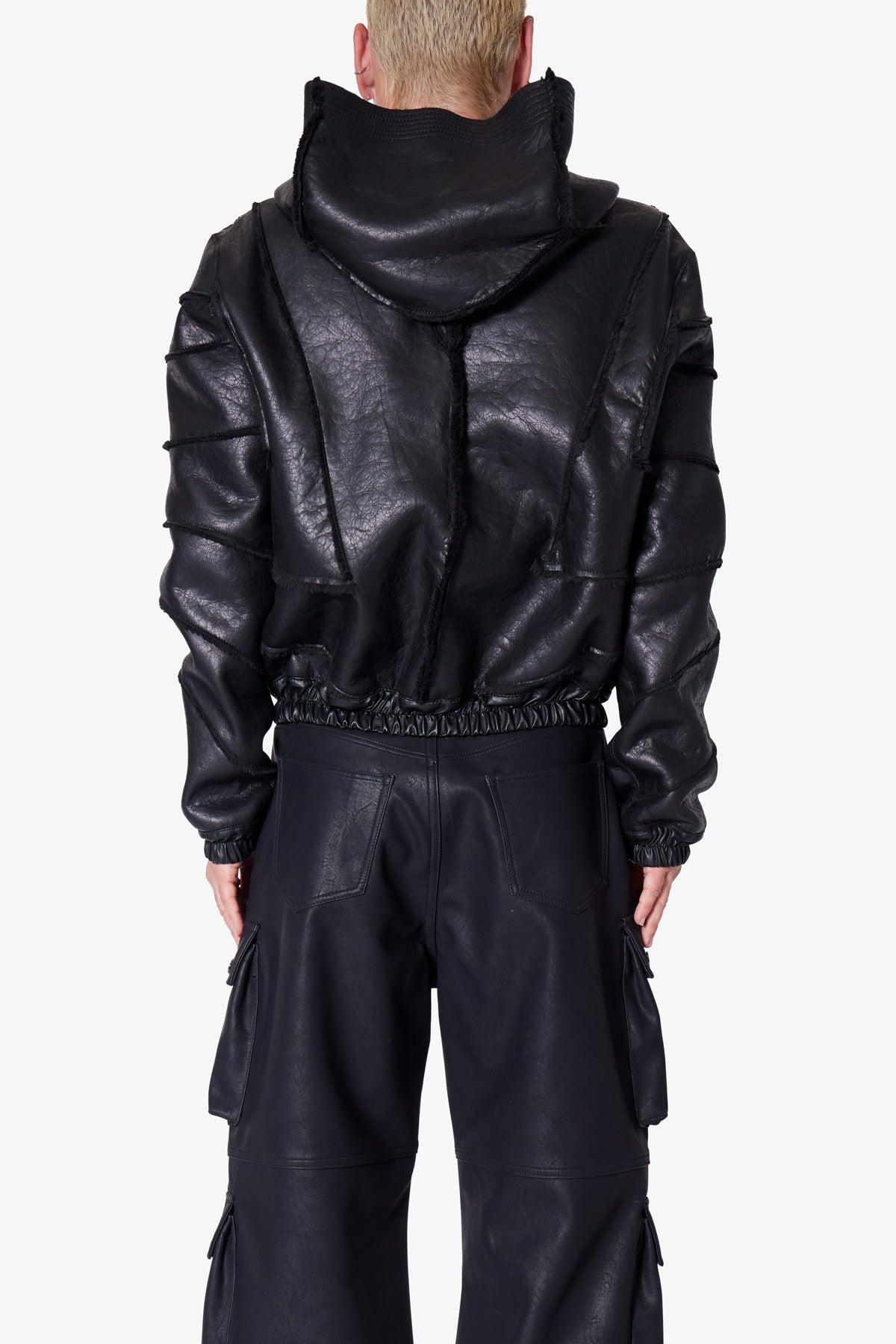 Leather Web Cropped Hoodie - Black Product Image