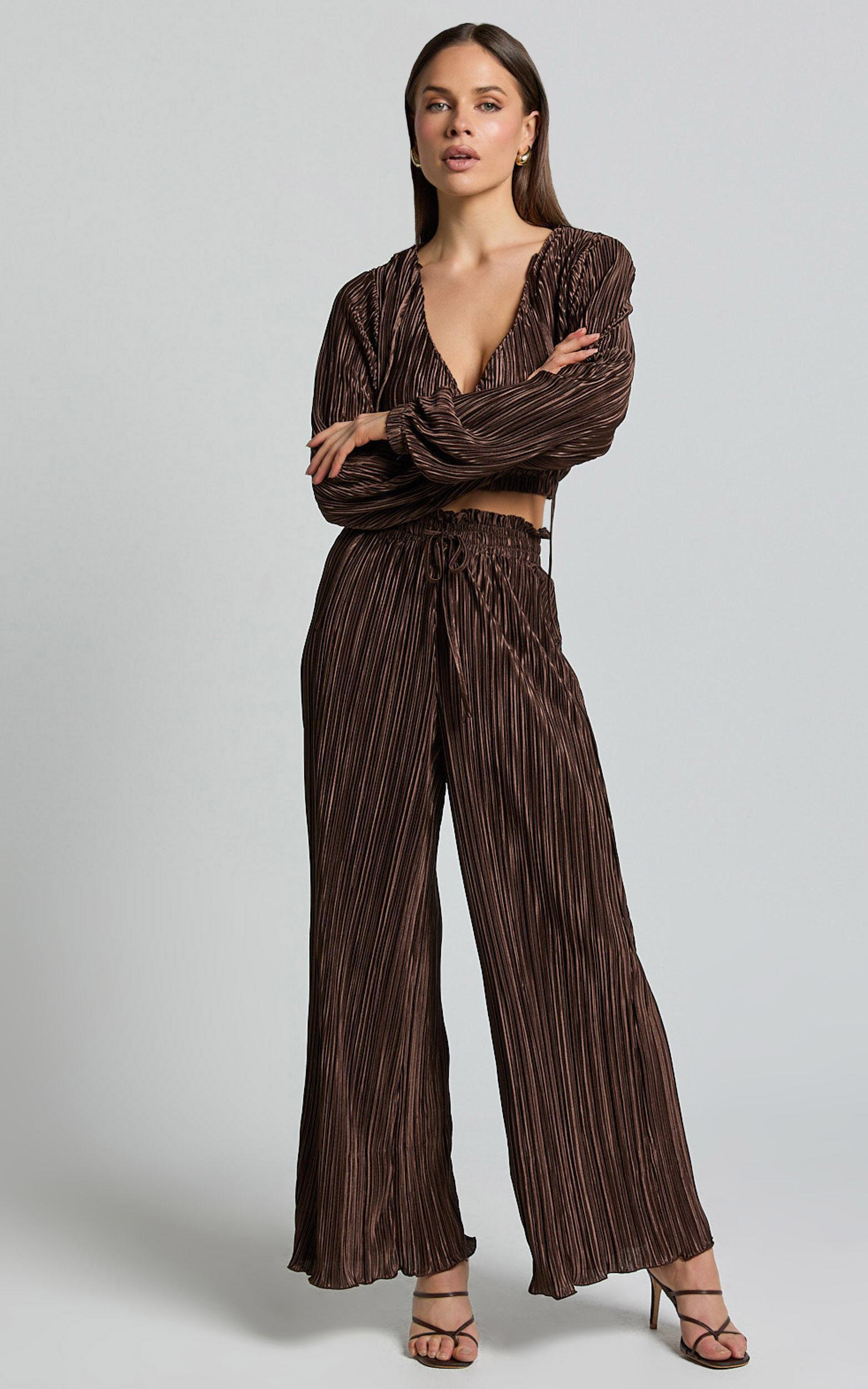 Kallie Pants - High Waist Drawstring Plisse Pants in Chocolate Product Image