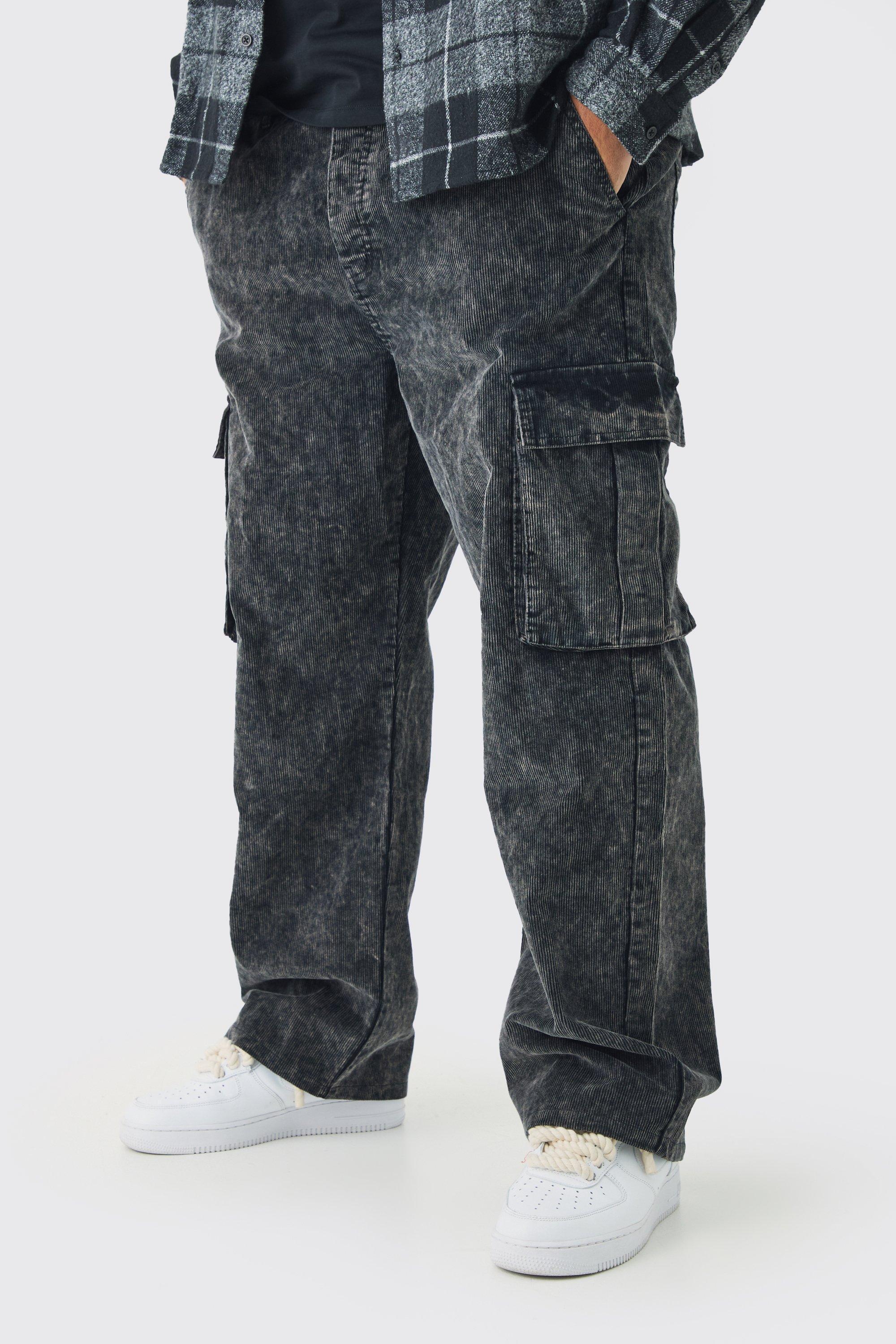 Plus Relaxed Acid Wash Cord Cargo Pants | boohooMAN USA Product Image