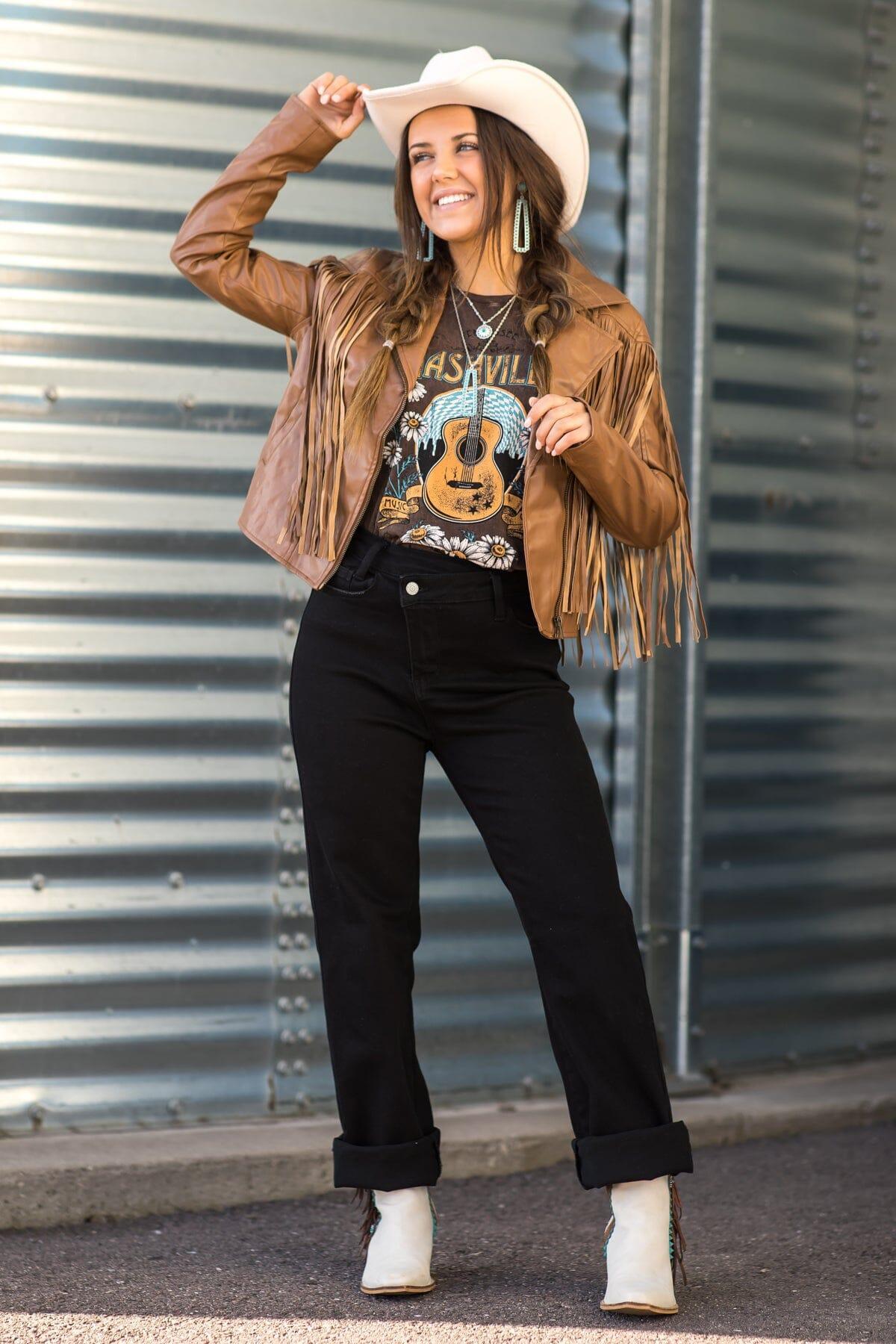 Mocha Faux Leather Jacket With Fringe Product Image