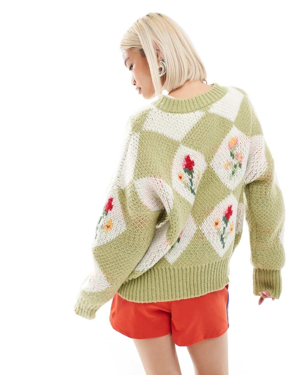 Bailey Rose chunky knit sweater in spring floral green Product Image