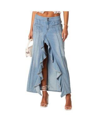 EDIKTED Valencia Ruffle Slit Front Denim Maxi Skirt Product Image