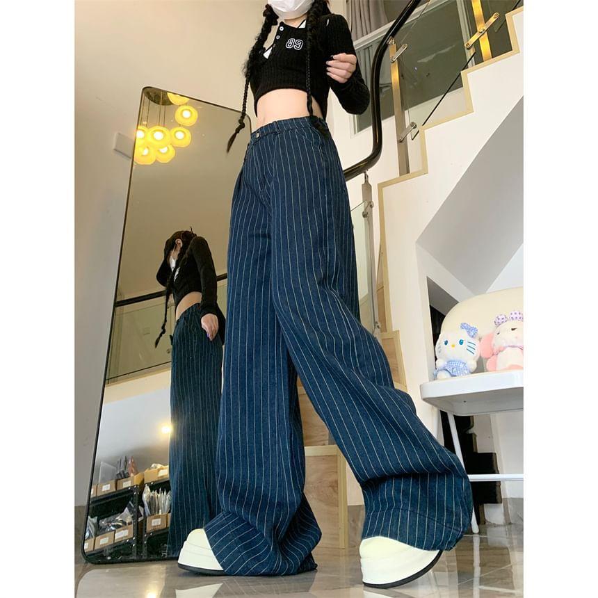 High Waist Striped Loose-Fit Wide-Leg Jeans Product Image