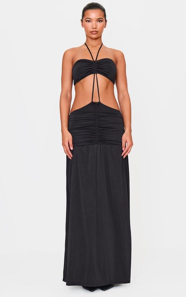 Black Double Layer Slinky Tie Neck Cut Out Maxi Dress Product Image