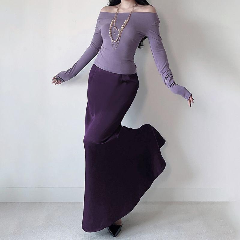 Set: Long-Sleeve Off Shoulder Top + High Rise Maxi Mermaid Skirt Product Image