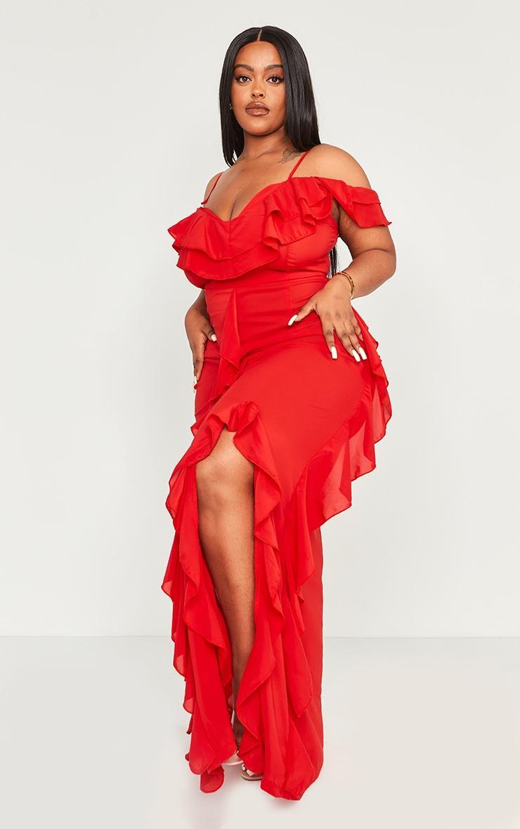 Plus Red Cold Shoulder Ruffle Detail Maxi Dress Product Image