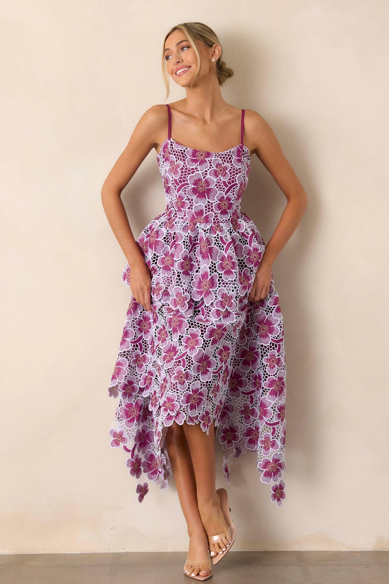 Glimpse Of Grace Light Plum Floral Embroidered Midi Dress Product Image