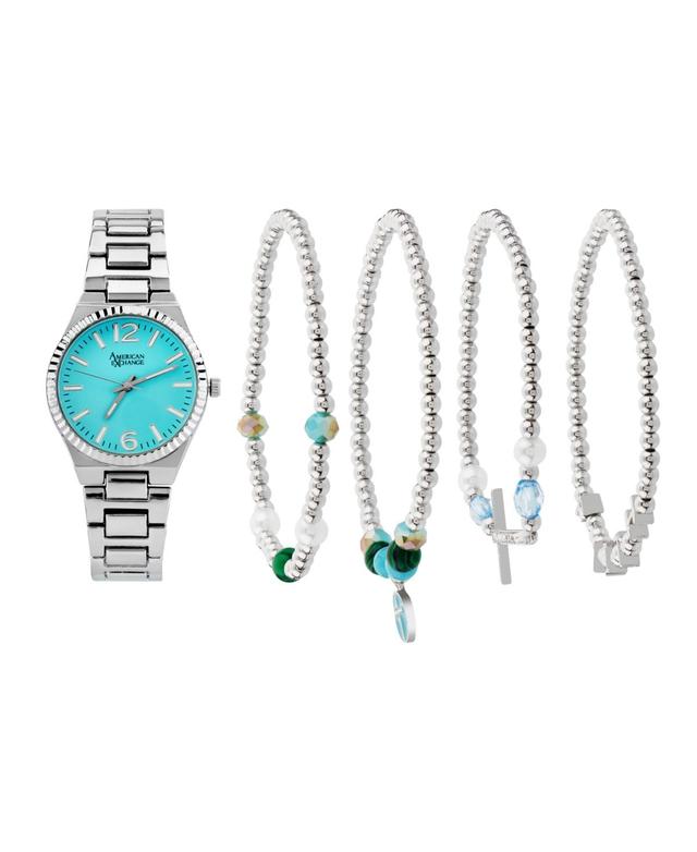 American Exchange Womens Shiny Silver Tone Metal Alloy Analog Watch 33mm with Stackable Bracelets Gift Set Product Image