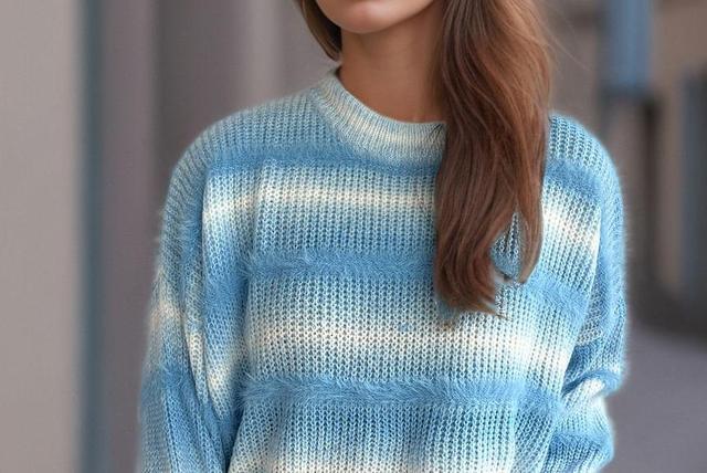 Crew Neck Striped Fluffy Trim Sweater Product Image