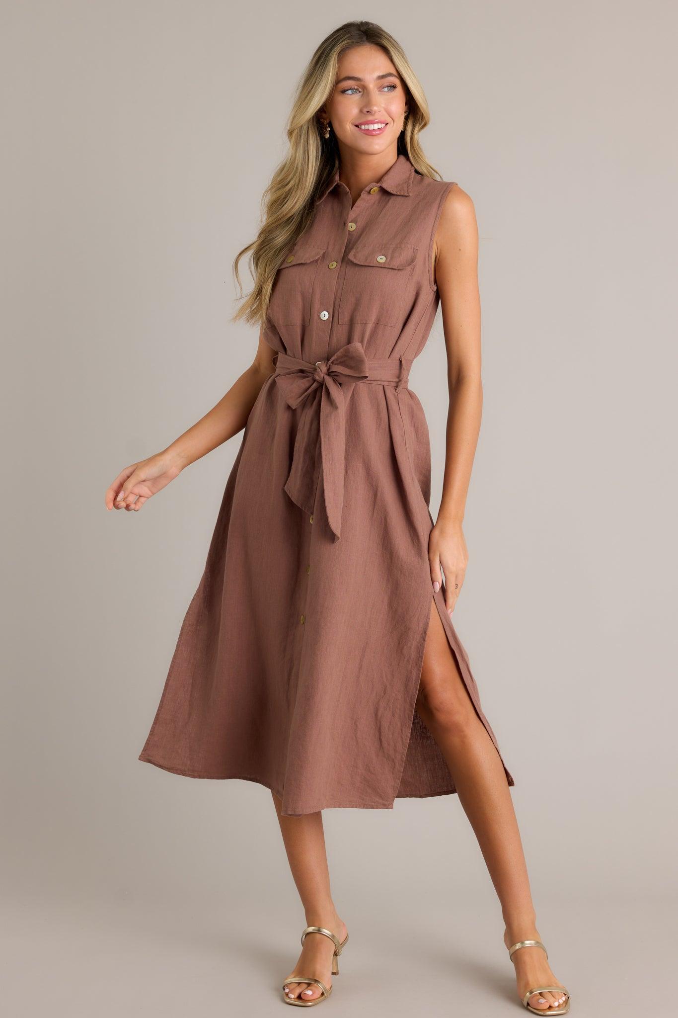 Timeless Grace Brown Tie-Front Midi Dress Product Image