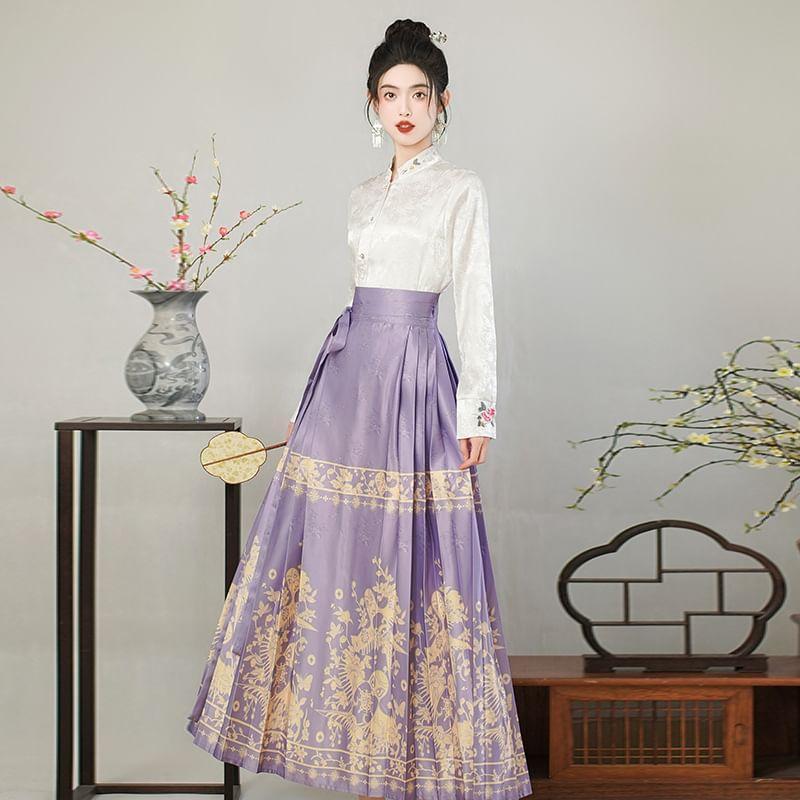 Long-Sleeve Mandarin Collar Floral Embroidered Blouse / High Waist Print Maxi Ma Mian Skirt Product Image