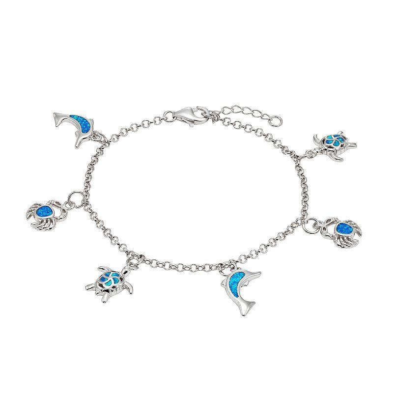 Lab-Created Blue Opal Sterling Silver Turtle, Dolphin & Crab Charm Bracelet, Womens Product Image