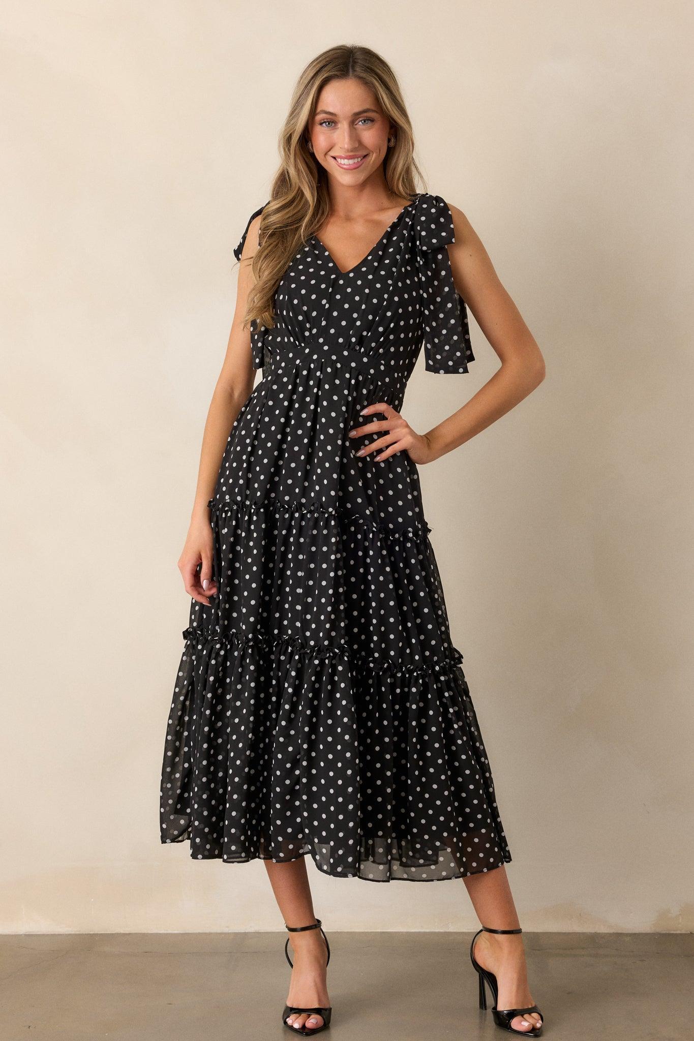 Savor The Moment Black Polka Dot Midi Dress Product Image