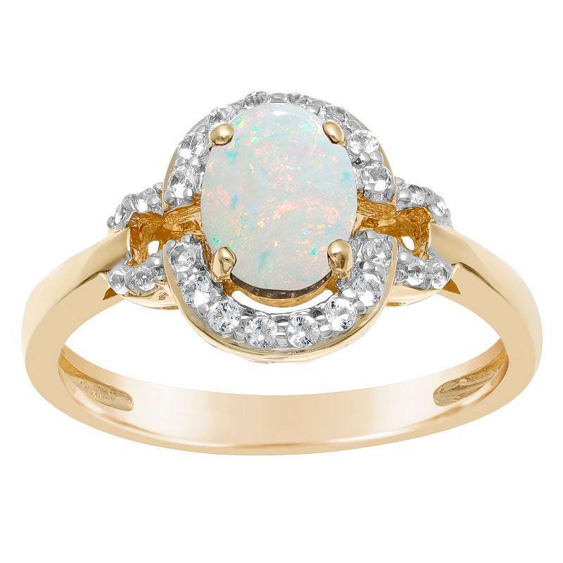 Gemminded 18k Gold over Sterling Silver Oval Lab Created Opal Ring with Lab Created White Sapphire Accent, Womens, Gold Tone Product Image