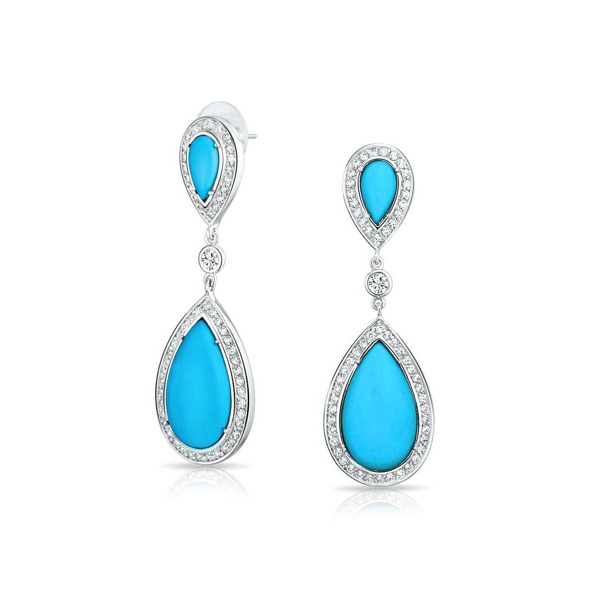 Blue Pear Shaped Cz Halo Simulated Turquoise Statement Dangle Chandelier Teardrop Earrings For Women Rhodium Plated Brass Product Image