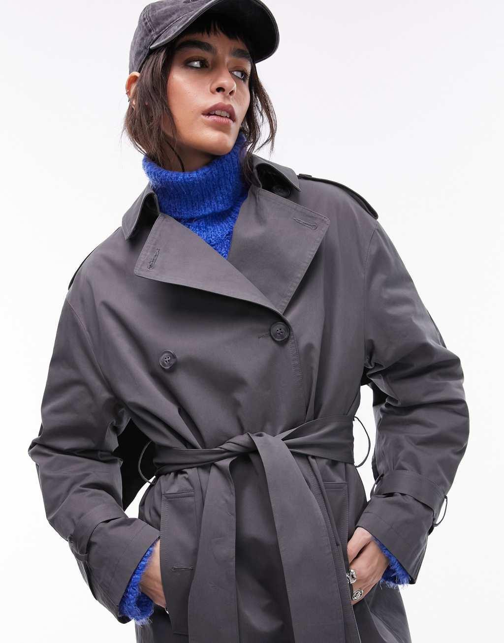 Topshop longline trench coat in charcoal Product Image