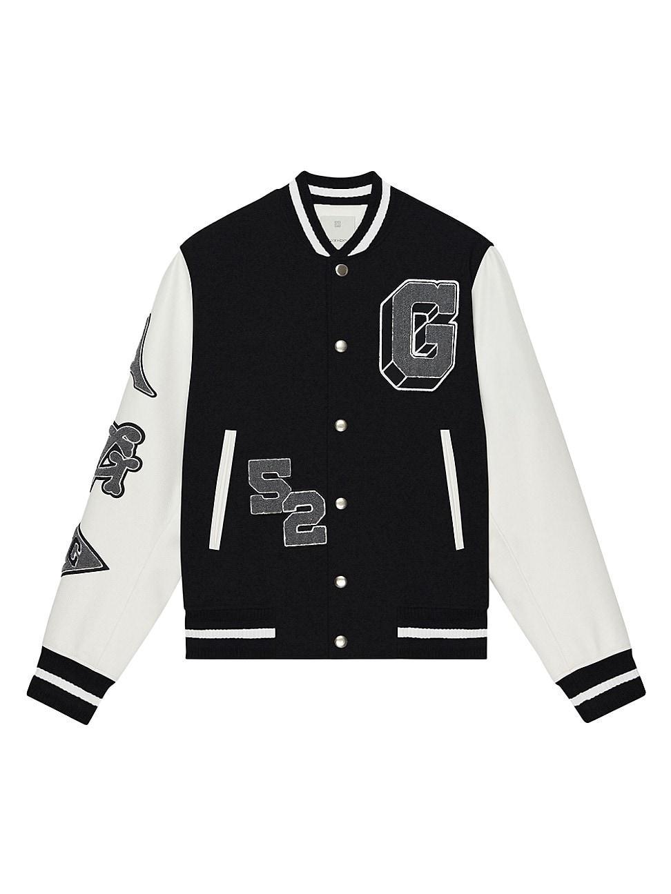 Mens Varsity Jacket in Embroidered Wool and Leather Product Image