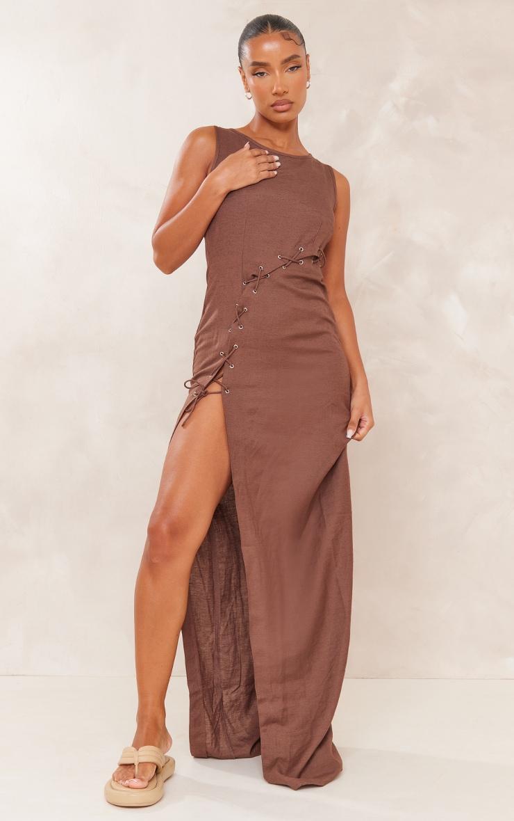 Chocolate Linen Look Lace Up Eyelet Detail Maxi Dress Product Image