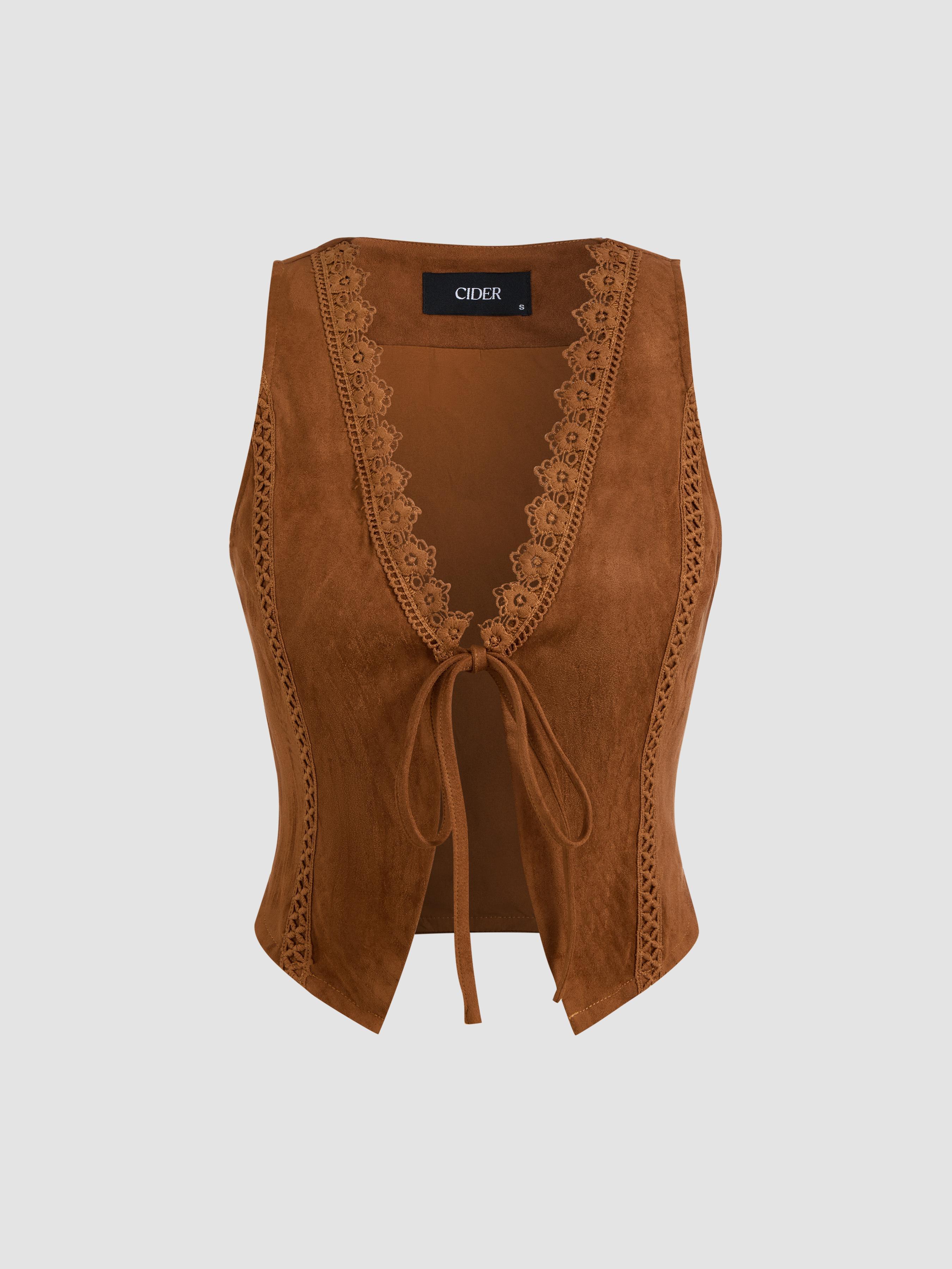 Suede V-neck Knotted Floral Jacket Vest Product Image