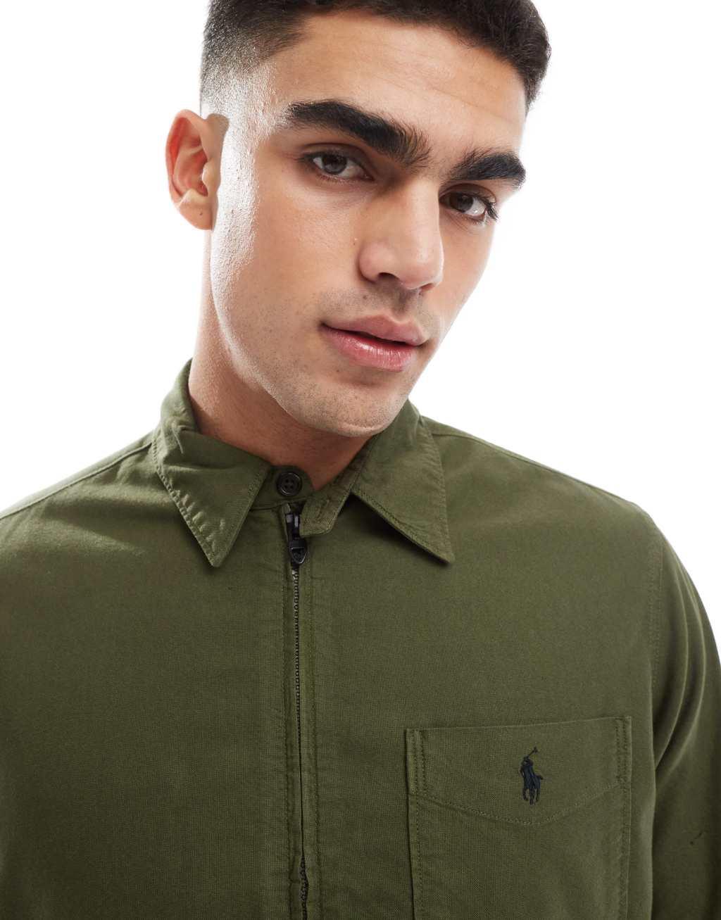 Polo Ralph Lauren icon logo pocket zip front garment dyed oxford over shirt in dark green Product Image