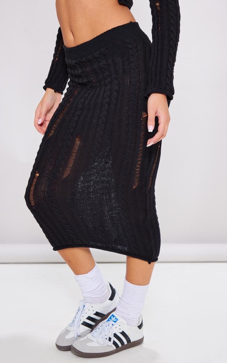 Petite Black Distressed Cable Knit Midaxi Skirt Product Image