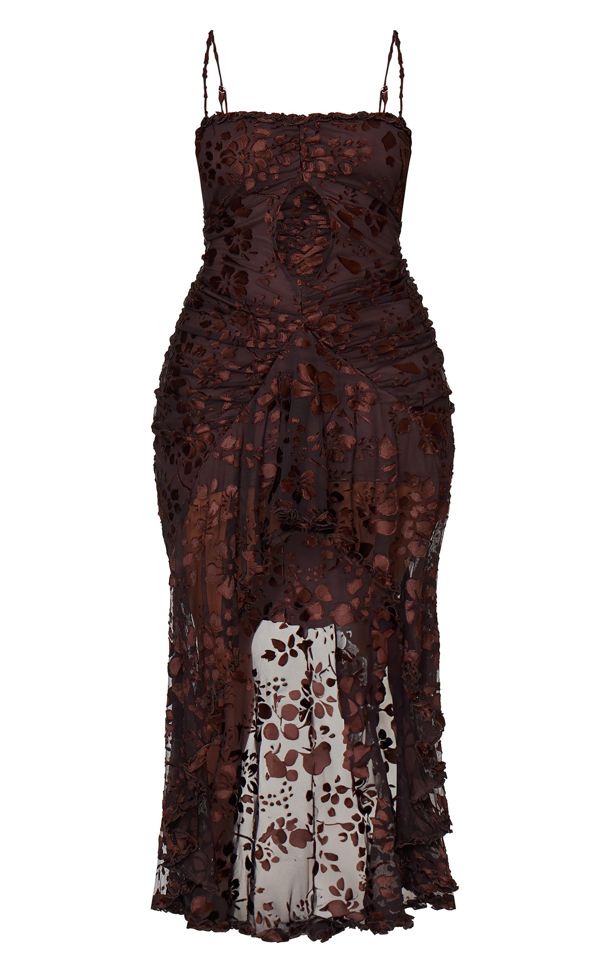 Plus Brown Devore Cut Out Frill Detail Dress Product Image