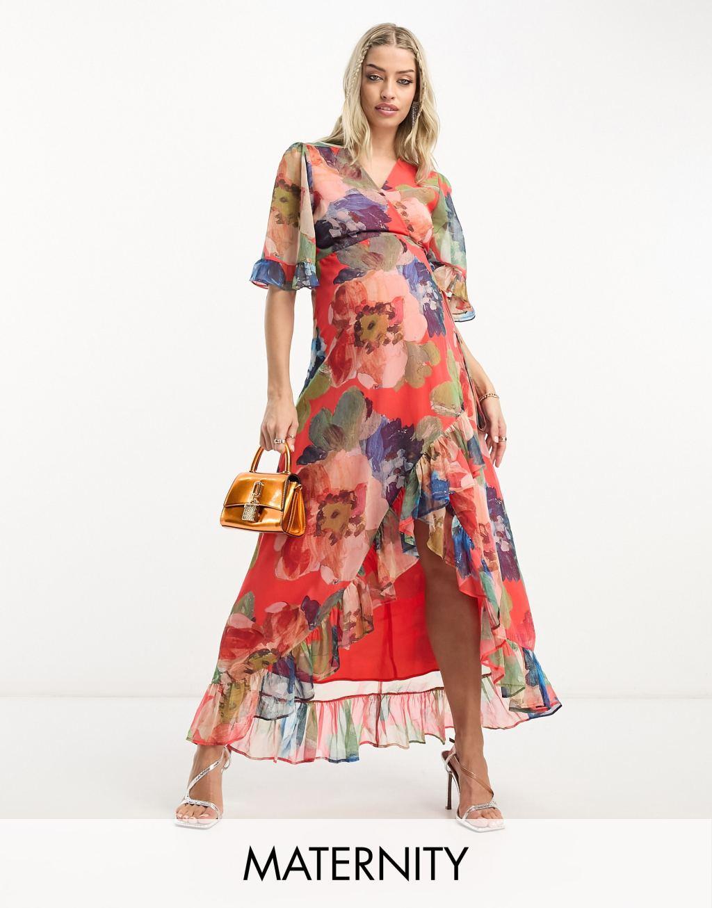 Hope & Ivy Maternity wrap midaxi dress in mixed floral Product Image