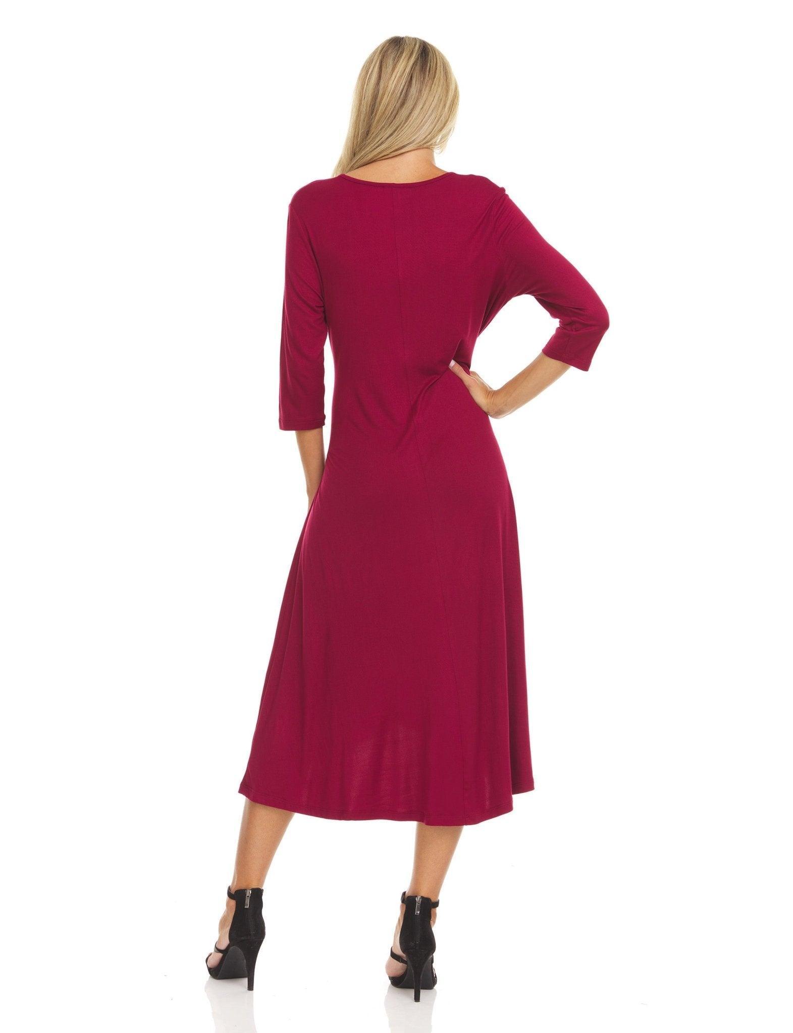 Three-quarter sleeves solid colors scoop neck midi dress with self tie belt product image