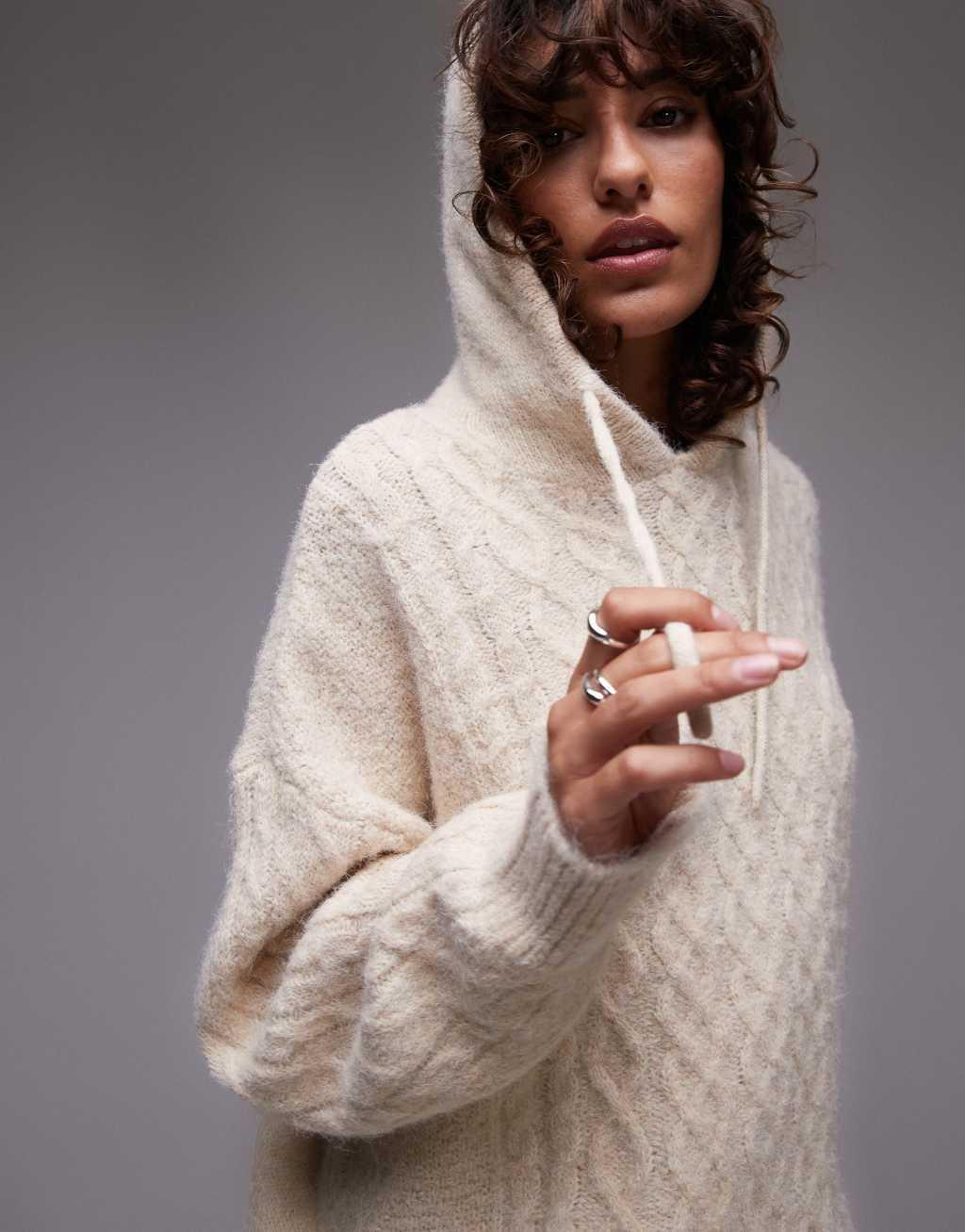 Topshop knit fluffy cable hoodie in oat product image