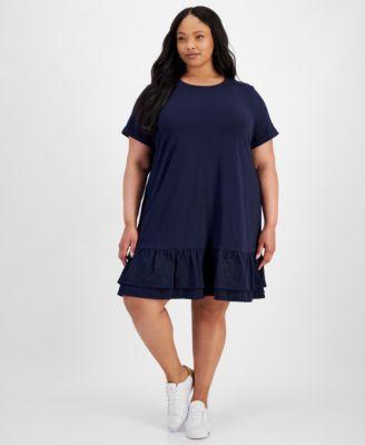 Plus Size Short-Sleeve Tiered Embroidered Dress Product Image
