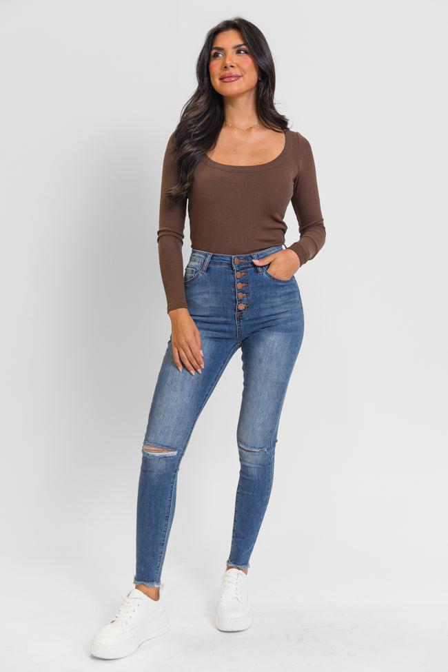 Chelsie Medium Wash Busted Knee Skinny Jeans Product Image