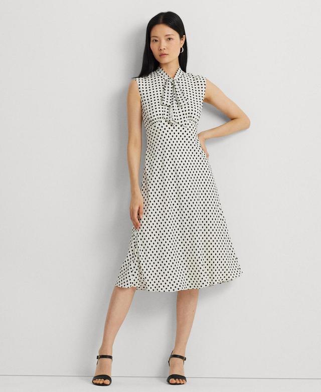 Lauren Ralph Lauren Womens Polka-Dot Georgette Tie-Neck Dress - Cream Product Image