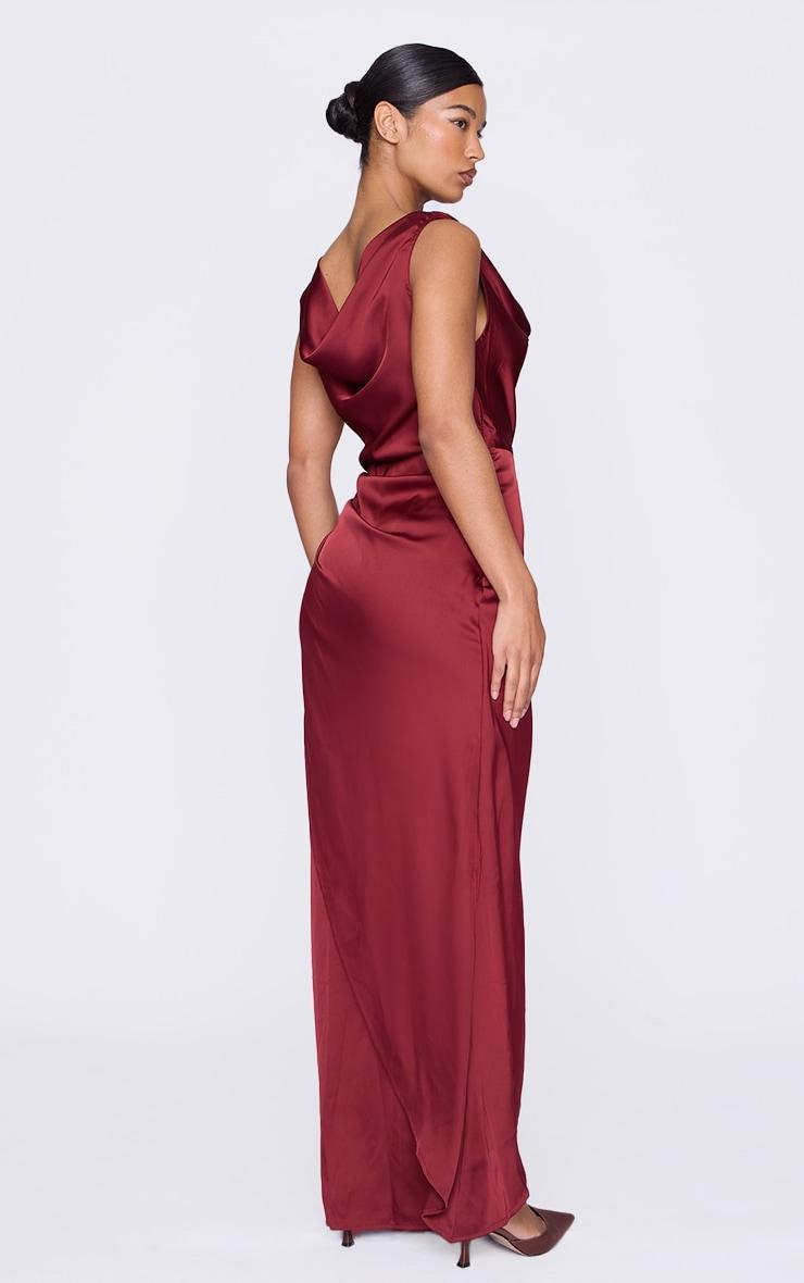 Burgundy Satin Cowl Neck Draped Maxi Dress Product Image