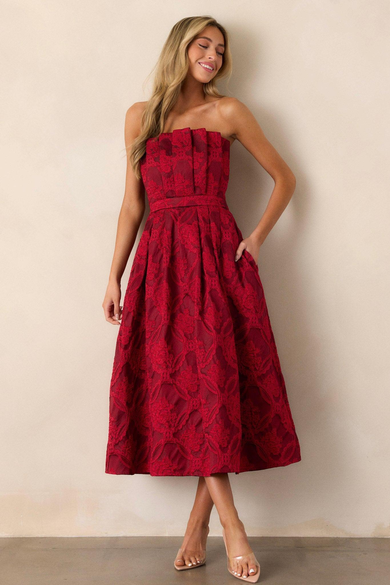 Moonstone Dreams Ruby Red Floral Jacquard Midi Dress Product Image