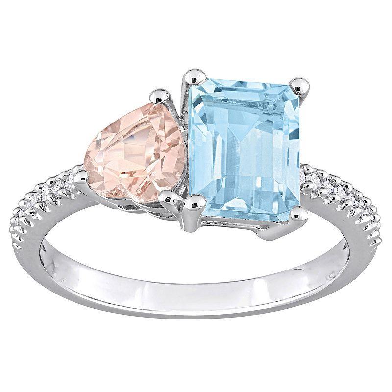 Stella Grace Sterling Silver Sky Blue Topaz, Morganite & 1/10 Carat T.W Diamond Toi & Moi Ring, Womens Product Image