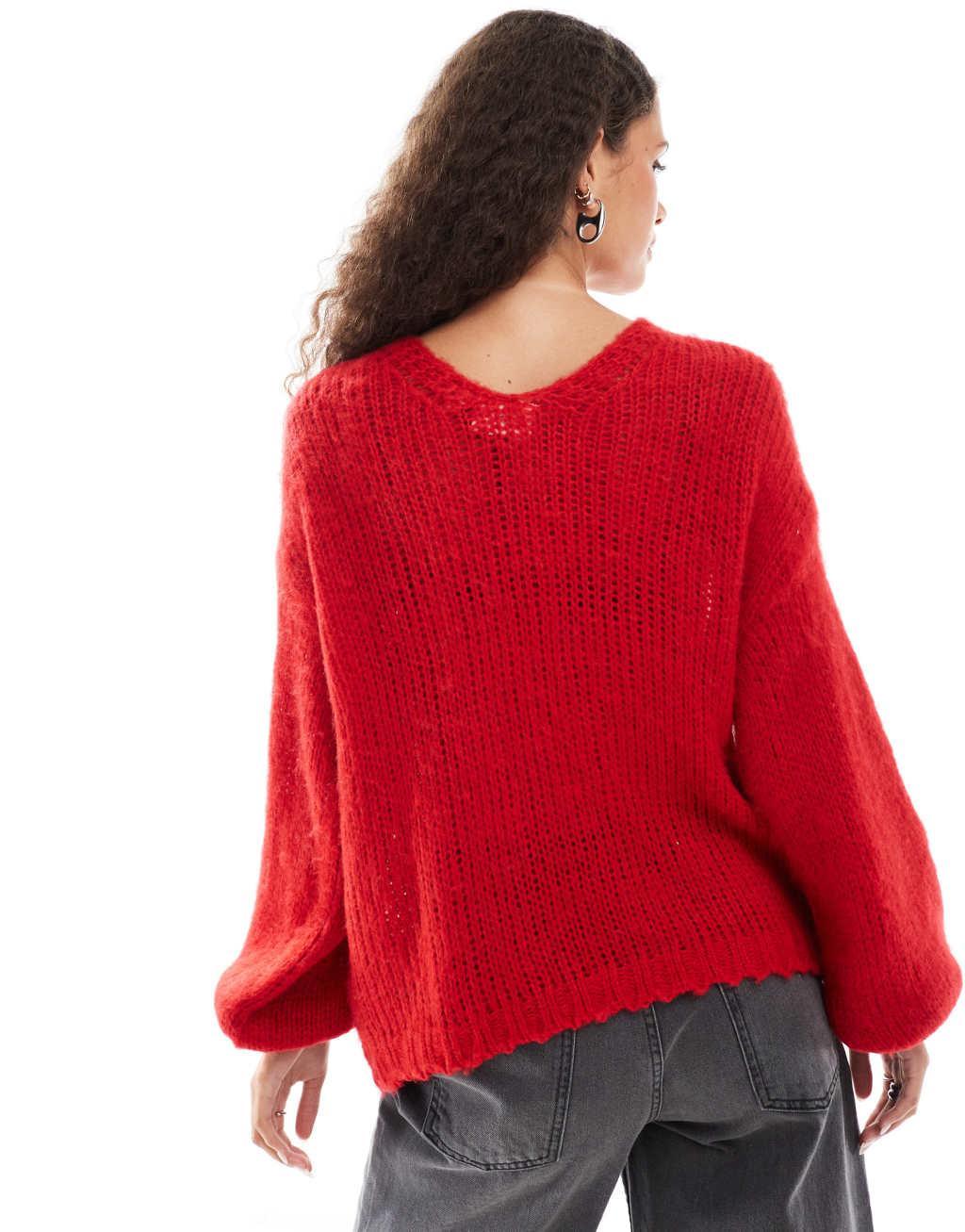 Daisy Street red balloon sleeve chunky sweater with tie back detail  Product Image