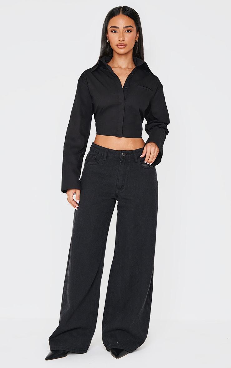 Petite Black Woven Long Sleeve Belt Detail Cropped Shirt Product Image