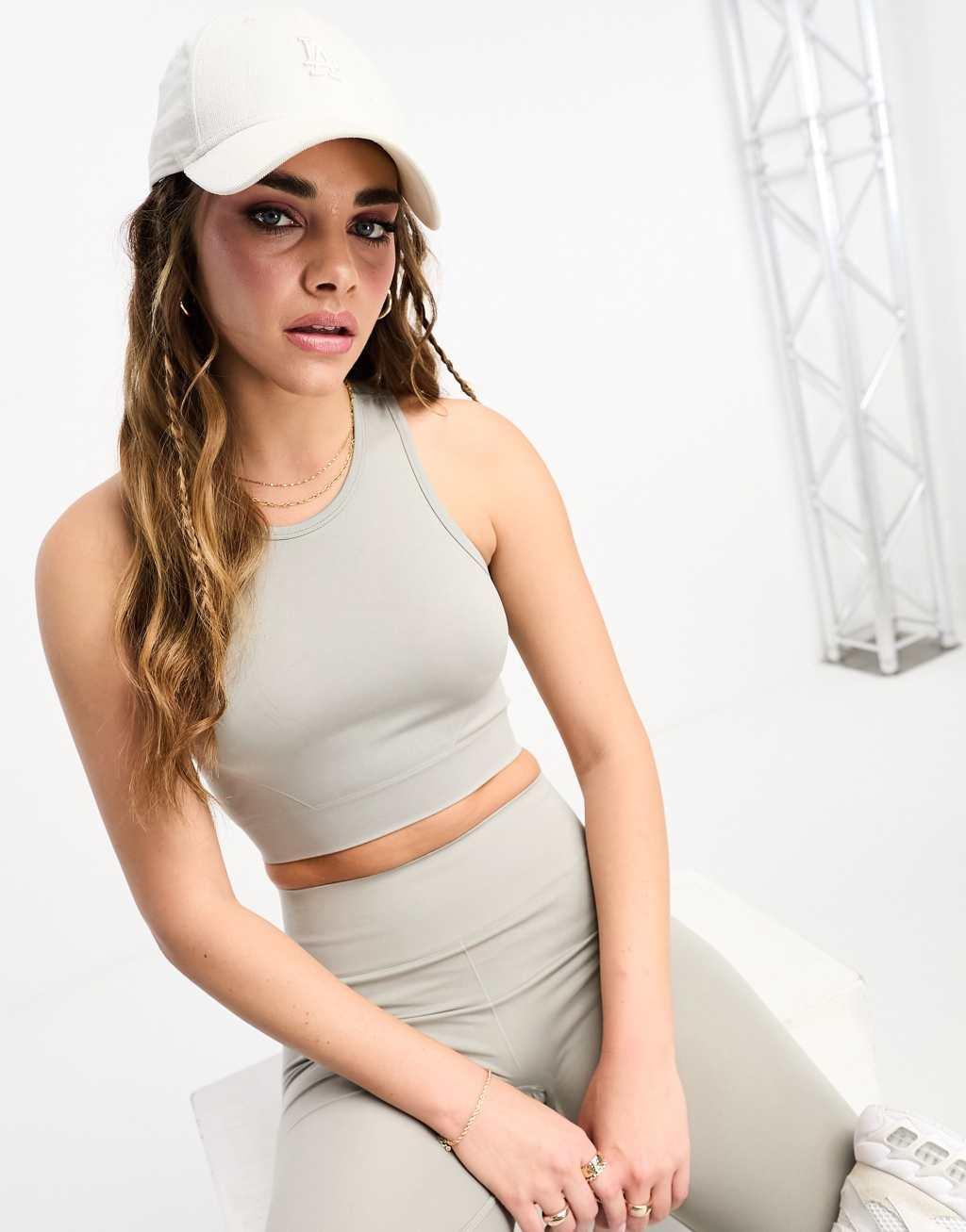 Pull&Bear seamless racer neck cropped top in gray - part of a set Product Image