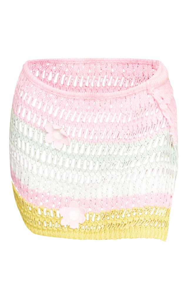 Pink Open Crochet Knit Floral Mini Skirt Product Image