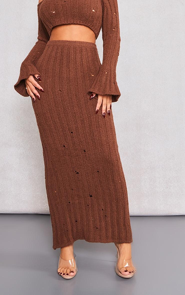  Petite Chocolate Distressed Rib Knit Maxi Skirt Product Image