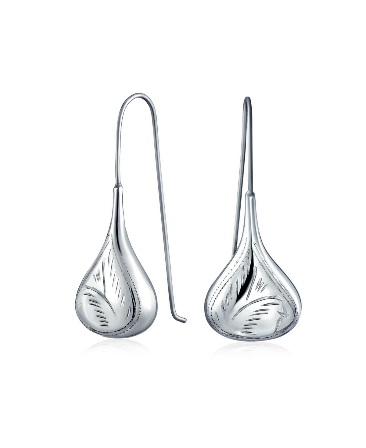 Bling Jewelry Carved Etched Puffed Pear Shaped Rain Drop Teardrop Earrings For Women Fishhook Sterling Silver 2Inch Product Image