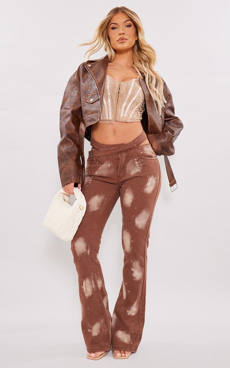 Brown Splatter Cut Out Waistband Flared Jeans Product Image