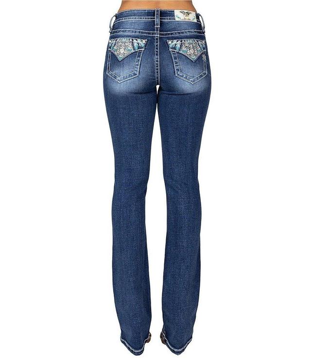 Miss Me Mid Rise Turquoise Leaves Pocket Slim Bootcut Jeans Product Image