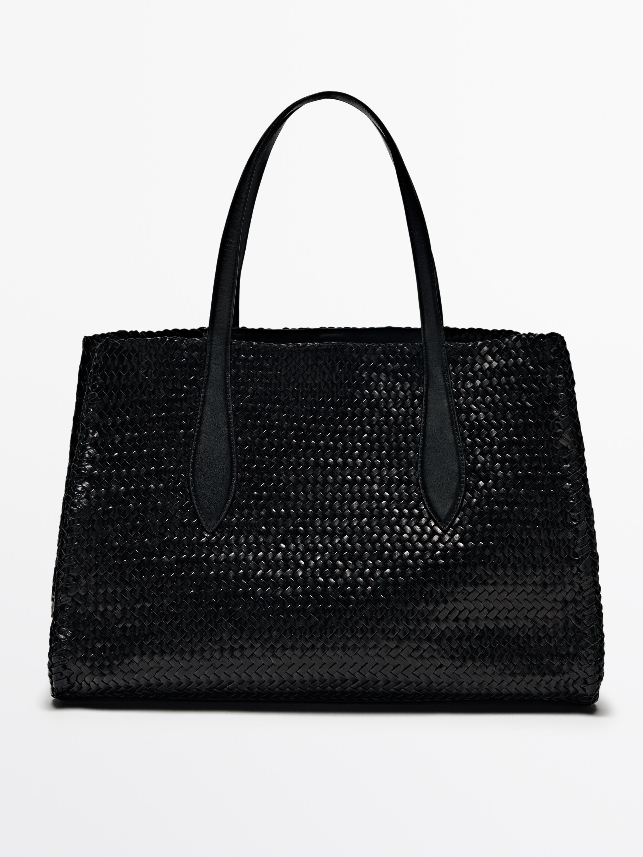 Maxi braided nappa leather satchel bag · Black · Accessories | Massimo Dutti Product Image