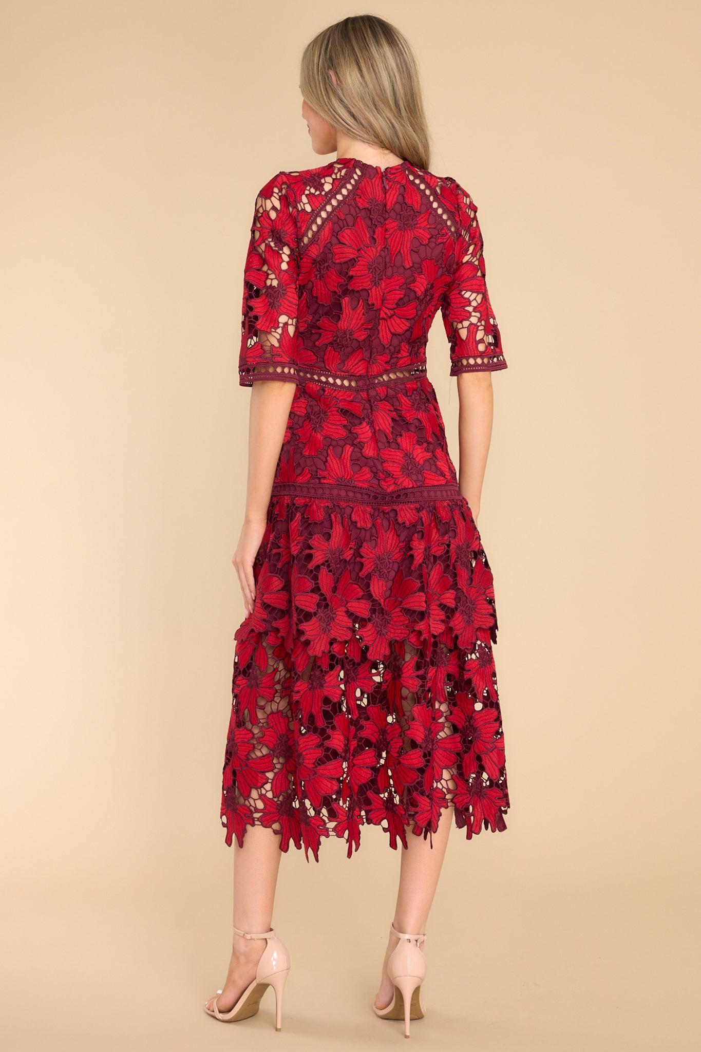 Get To The Point Red Lace Midi Dress Product Image