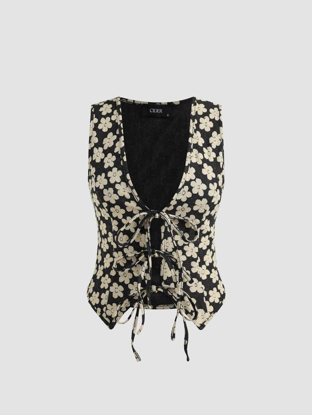 Jacquard V-neck Floral Knotted Crop Vest Product Image