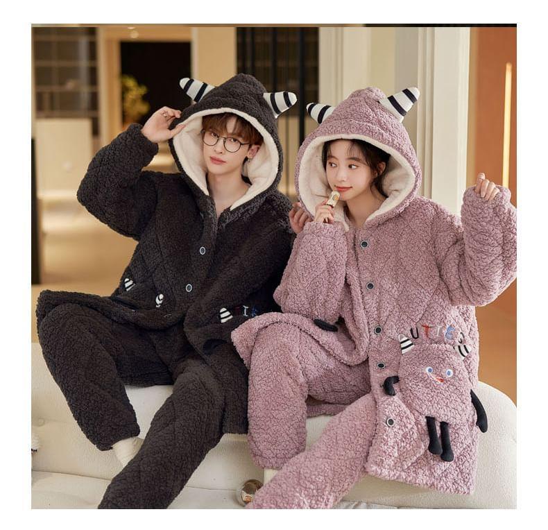 Couple Matching Pajama Set: Cartoon Patterned Hood Coral Fleece Button Jacket + Straight Leg Pants Product Image