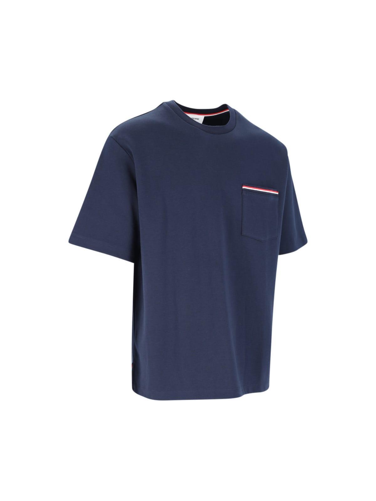 Tricolour-stripe Patch-pocket Cotton T-shirt In Navy Product Image