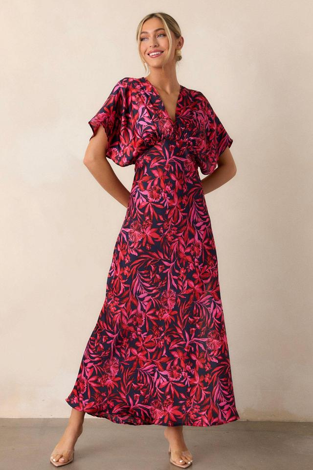 Waltz Through Time Fuchsia Floral Satin Maxi Dress Product Image