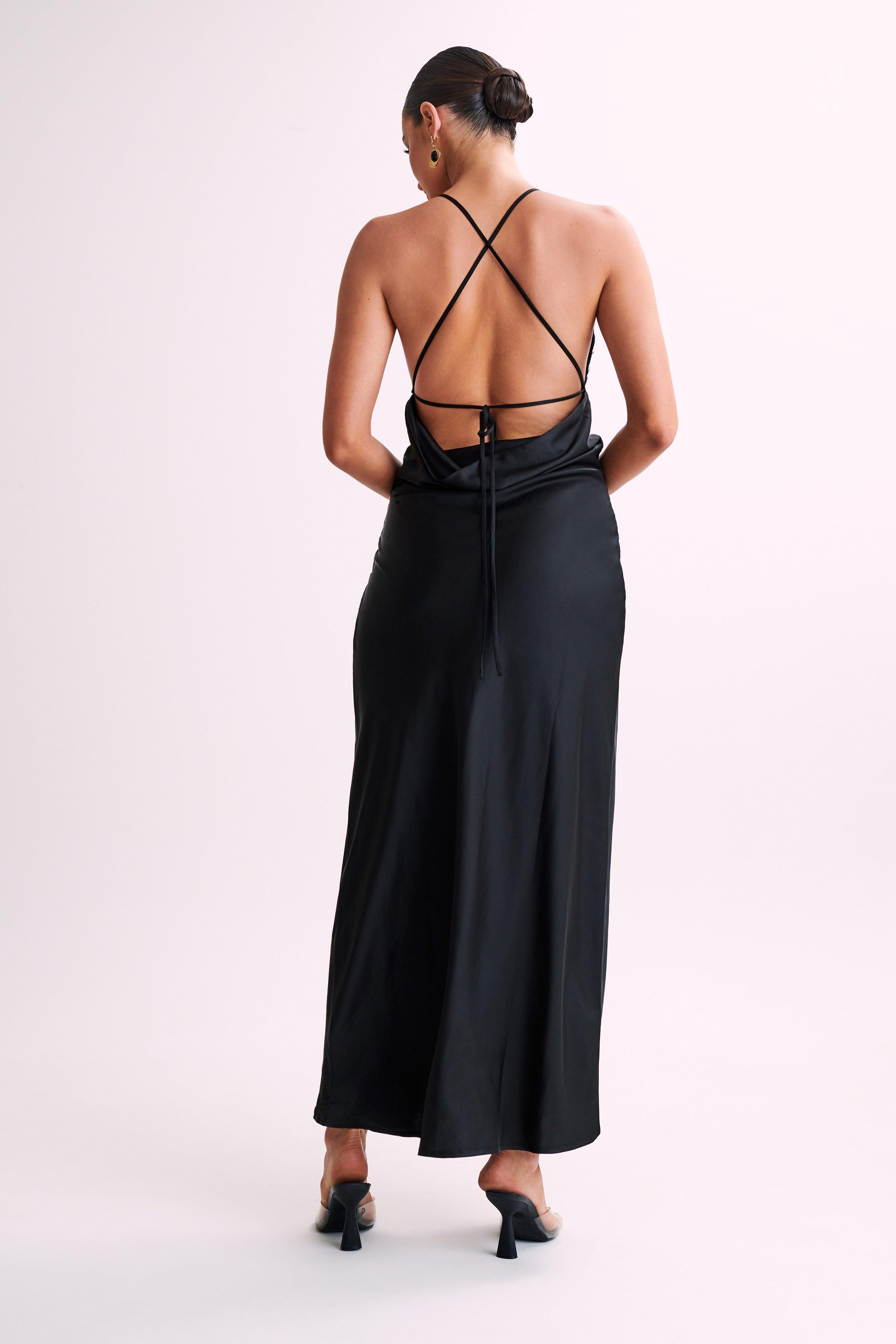 Gina Satin Slip Maxi Dress With Lace - Black Product Image